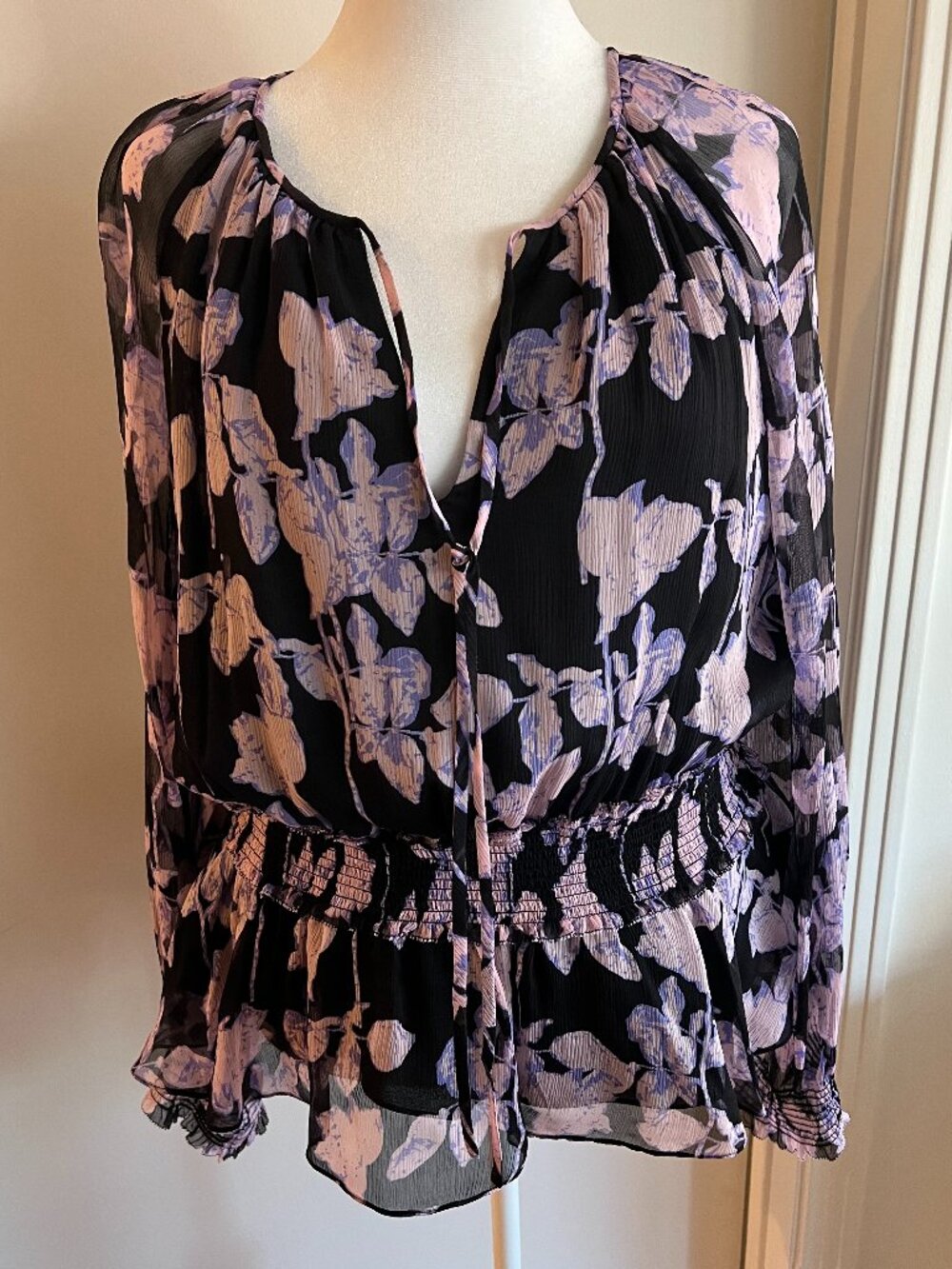 Feminine and flattering DVF purple floral silk blouse!